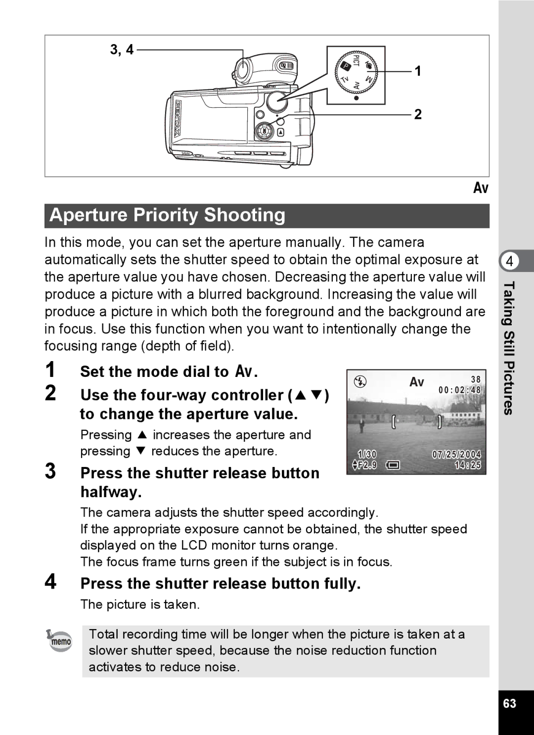 Pentax Optio MX4 specifications Aperture Priority Shooting, Taking Still 