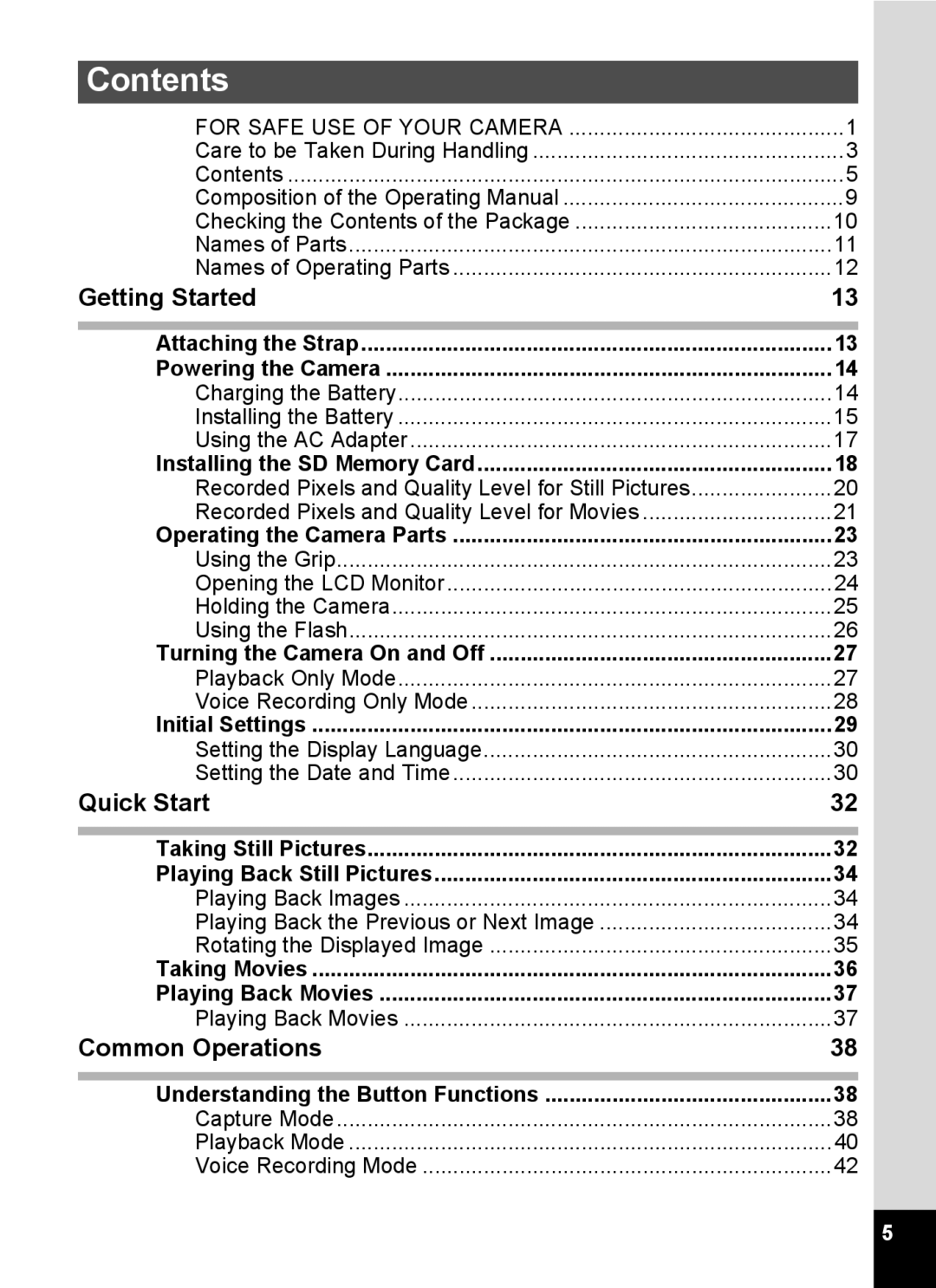 Pentax Optio MX4 specifications Contents 