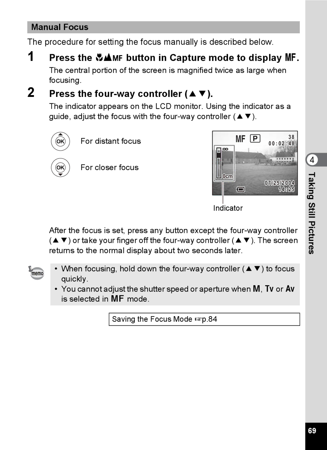 Pentax Optio MX4 specifications Press the button in Capture mode to display z, Manual Focus 