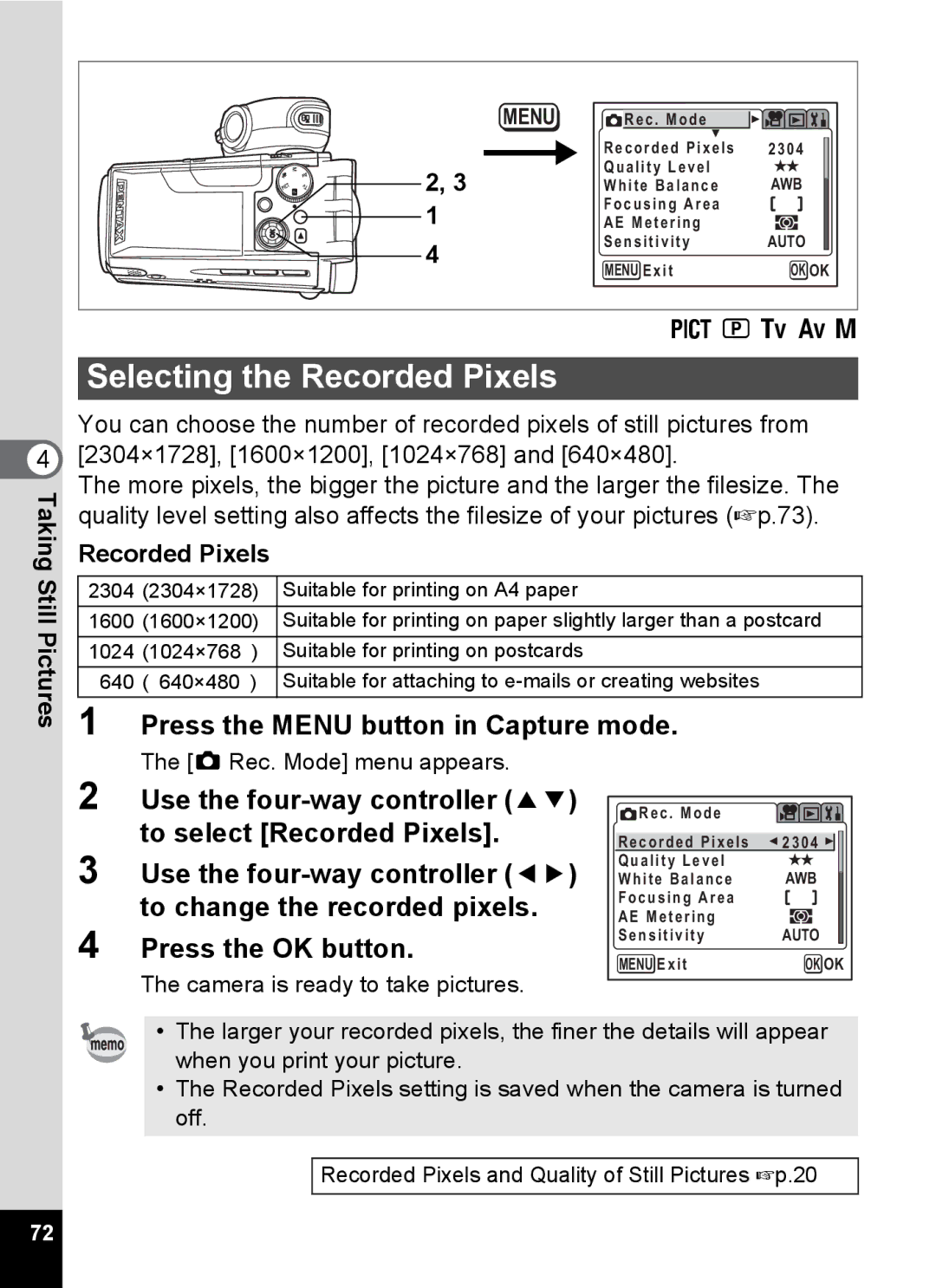 Pentax Optio MX4 specifications Selecting the Recorded Pixels 