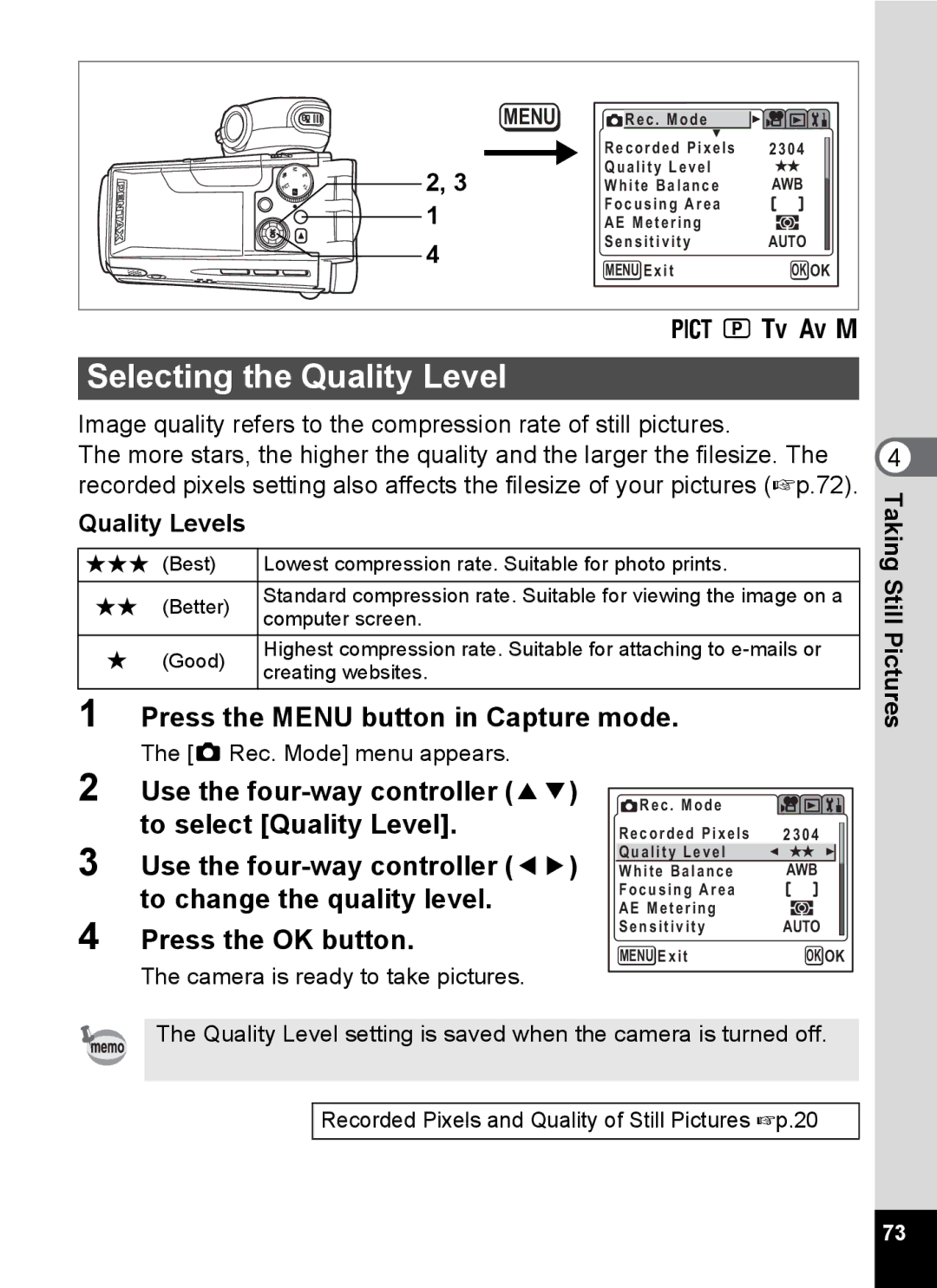 Pentax Optio MX4 specifications Selecting the Quality Level, Quality Levels 