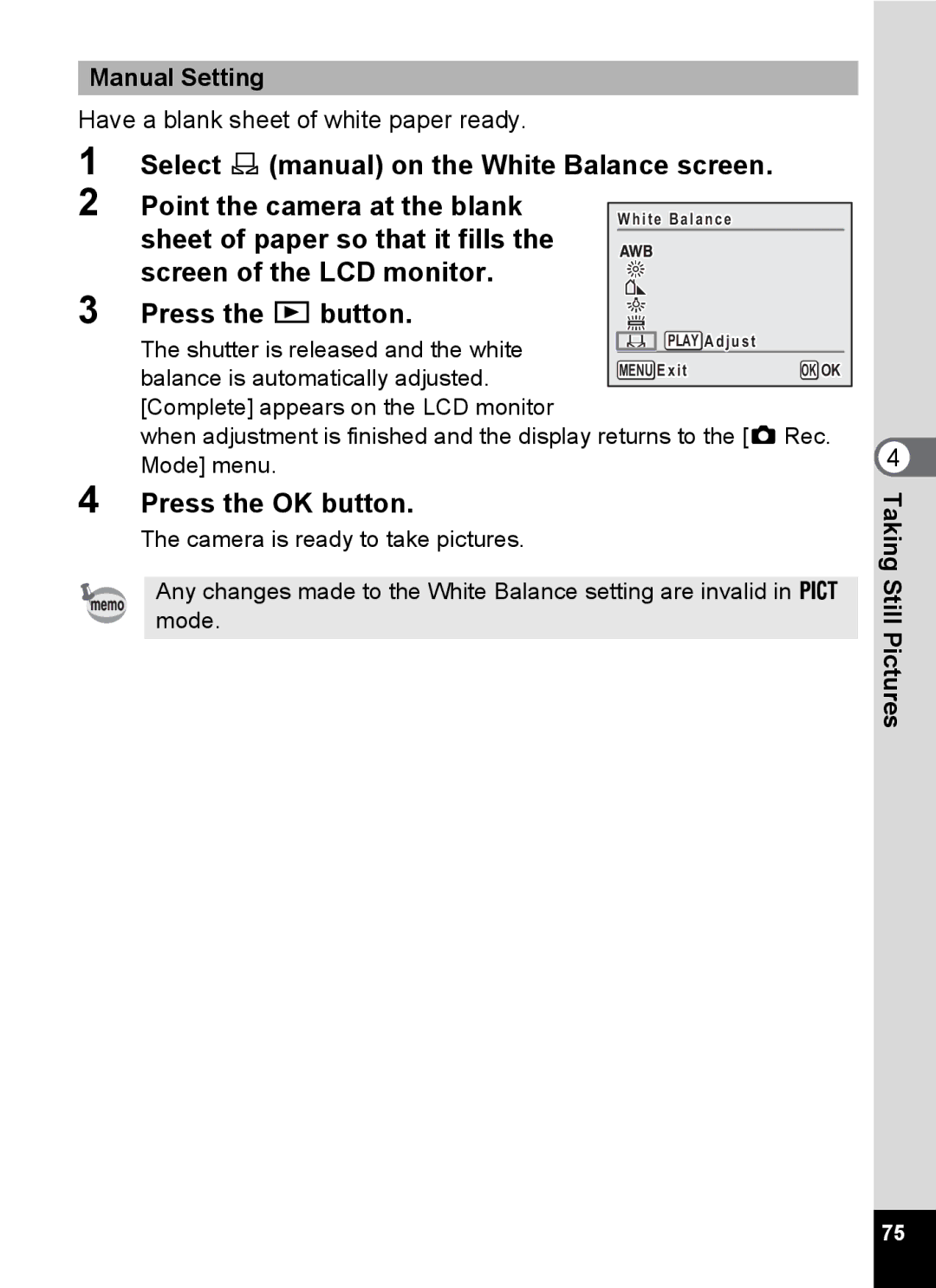 Pentax Optio MX4 specifications Manual Setting 