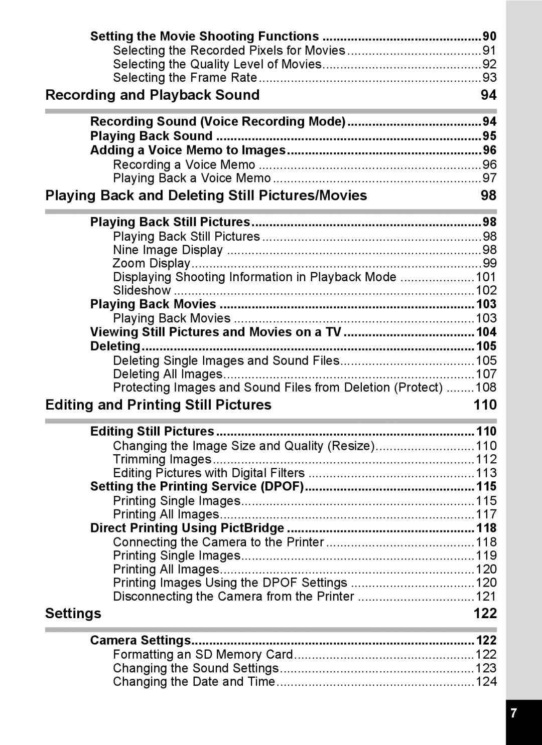 Pentax Optio MX4 specifications Recording and Playback Sound, Playing Back and Deleting Still Pictures/Movies, Settings 