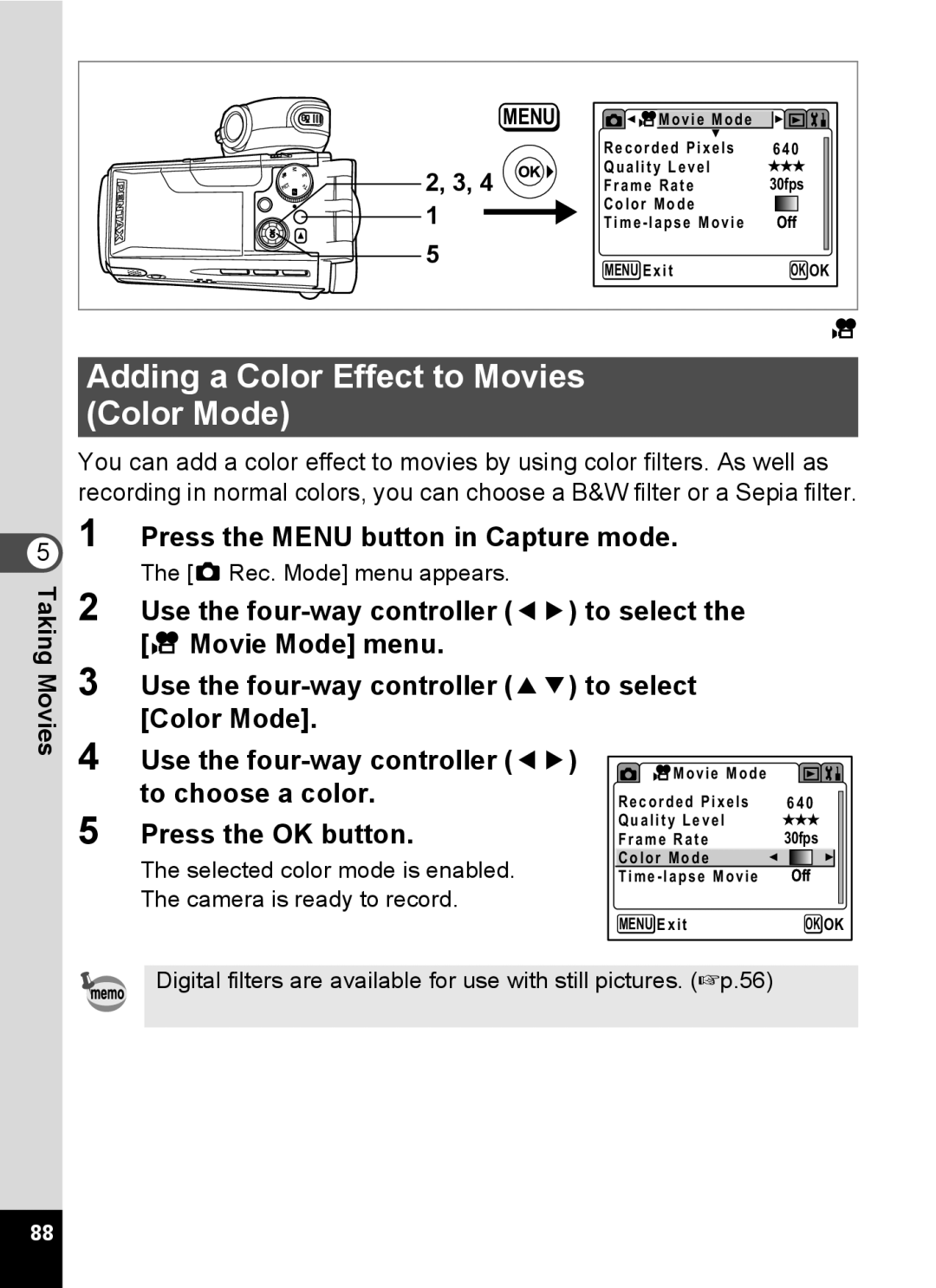 Pentax Optio MX4 specifications Adding a Color Effect to Movies Color Mode, To choose a color 