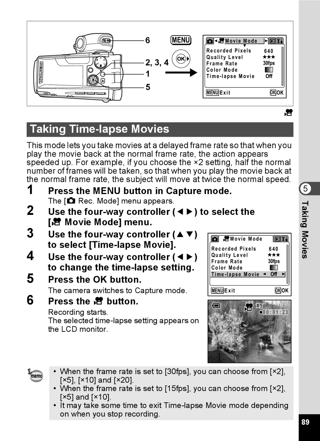 Pentax Optio MX4 specifications Taking Time-lapse Movies, To select Time-lapse Movie, To change the time-lapse setting 