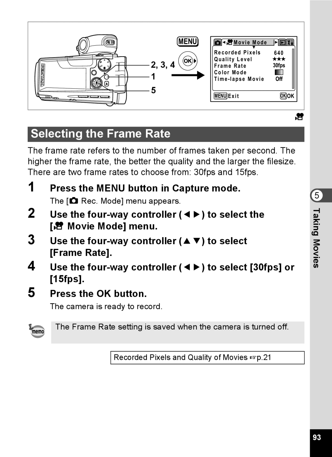 Pentax Optio MX4 specifications Selecting the Frame Rate 