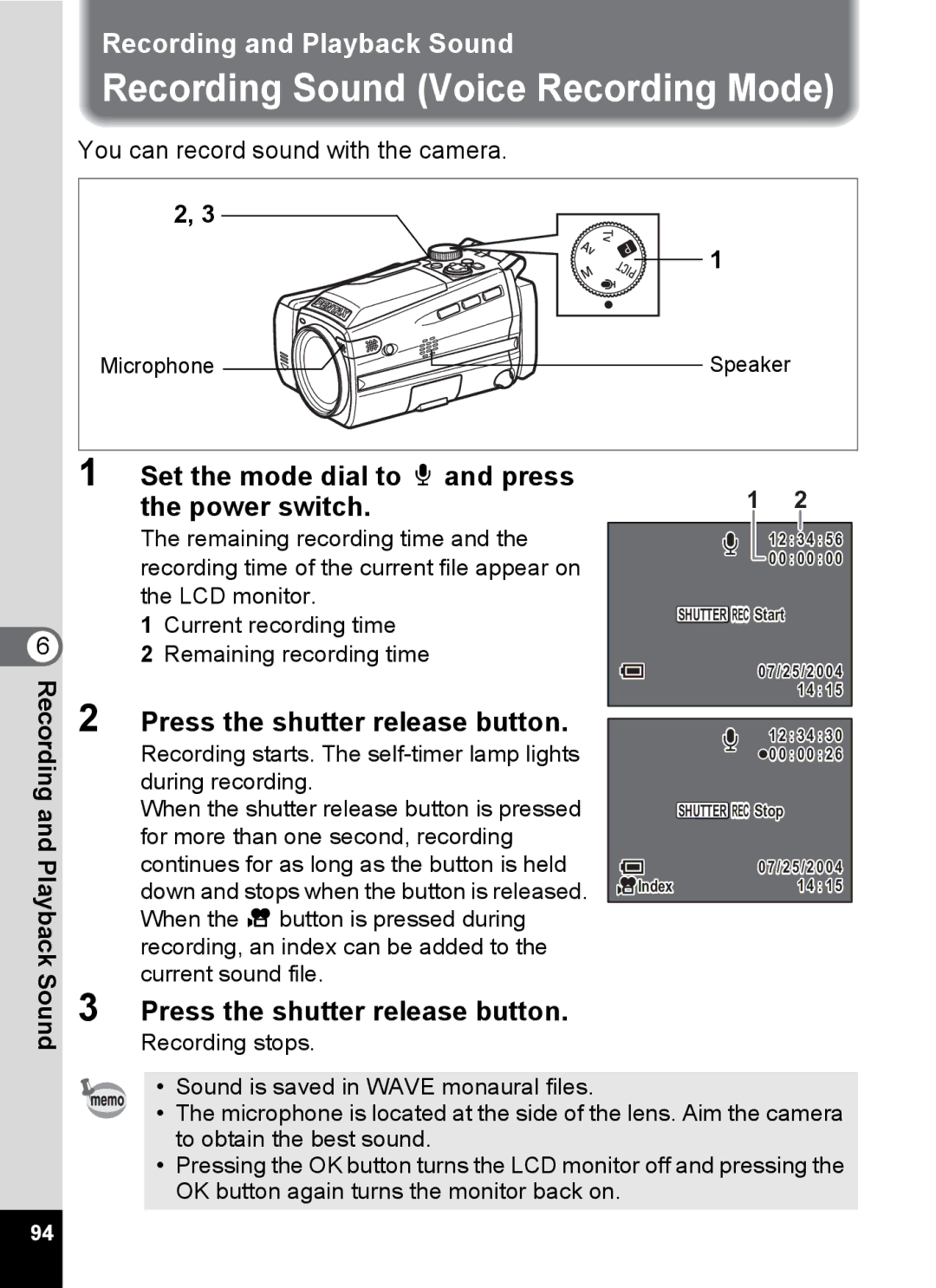 Pentax Optio MX4 specifications Recording Sound Voice Recording Mode, Microphone Speaker 