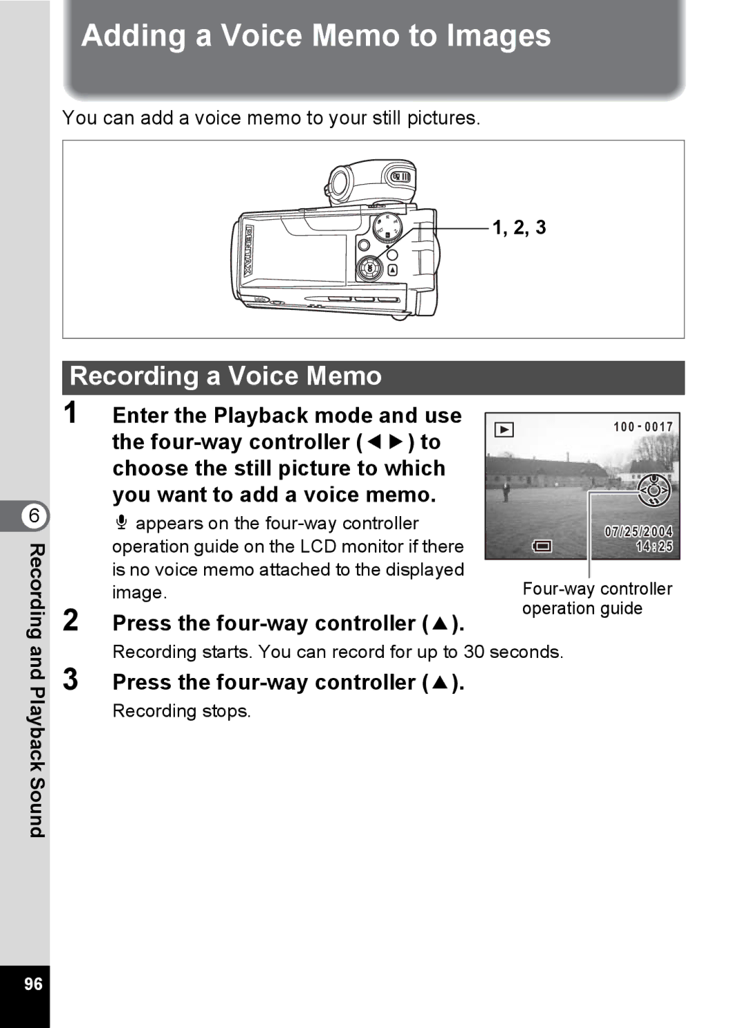 Pentax Optio MX4 specifications Adding a Voice Memo to Images, Recording a Voice Memo, Recording stops 