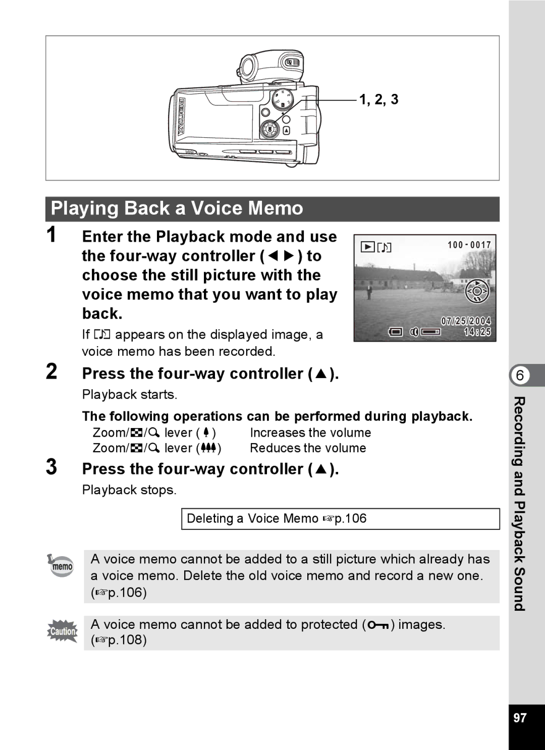 Pentax Optio MX4 specifications Playing Back a Voice Memo, Playback starts, Zoom/ f/ y lever w Reduces the volume 