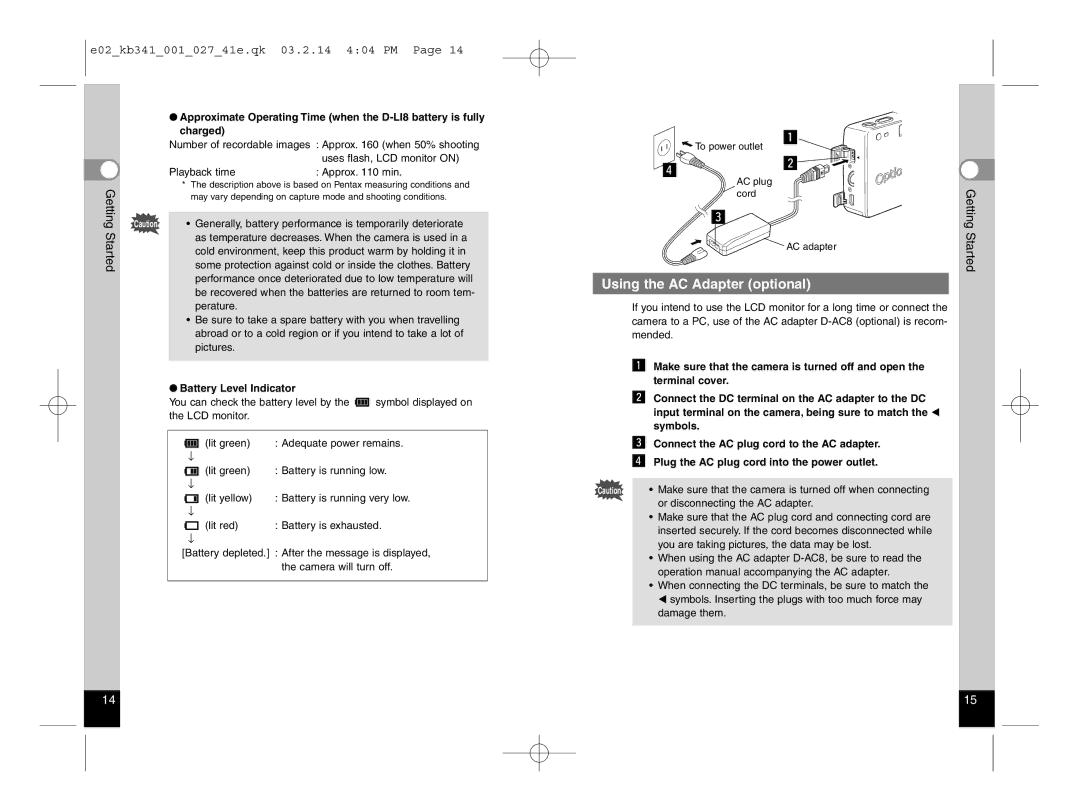 Pentax Optio S manual Using the AC Adapter optional, Getting 