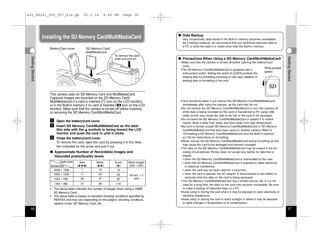 Pentax Optio S manual Installing the SD Memory Card/MultiMediaCard, Data Backup 