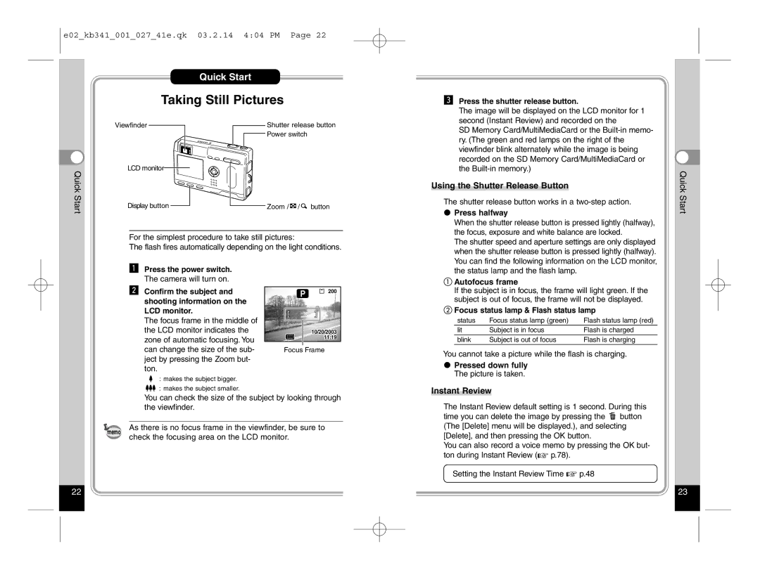 Pentax Optio S manual Quick Start, Using the Shutter Release Button, Instant Review 