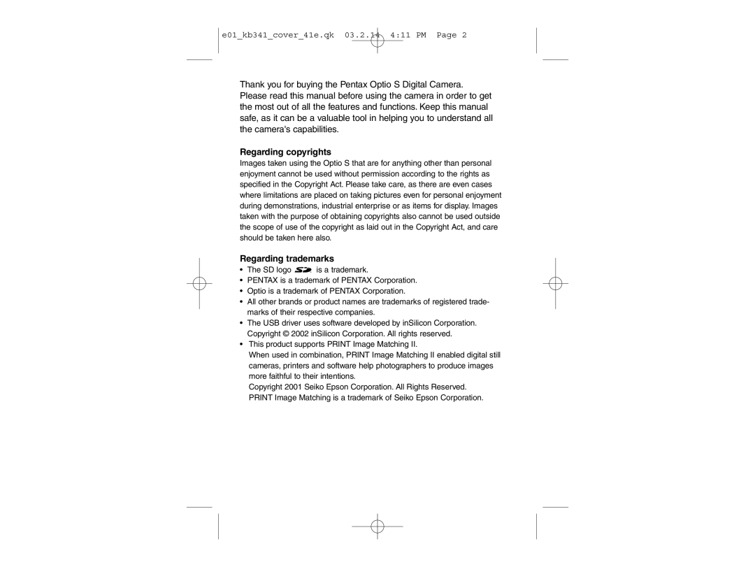 Pentax Optio S manual Regarding copyrights, Regarding trademarks 