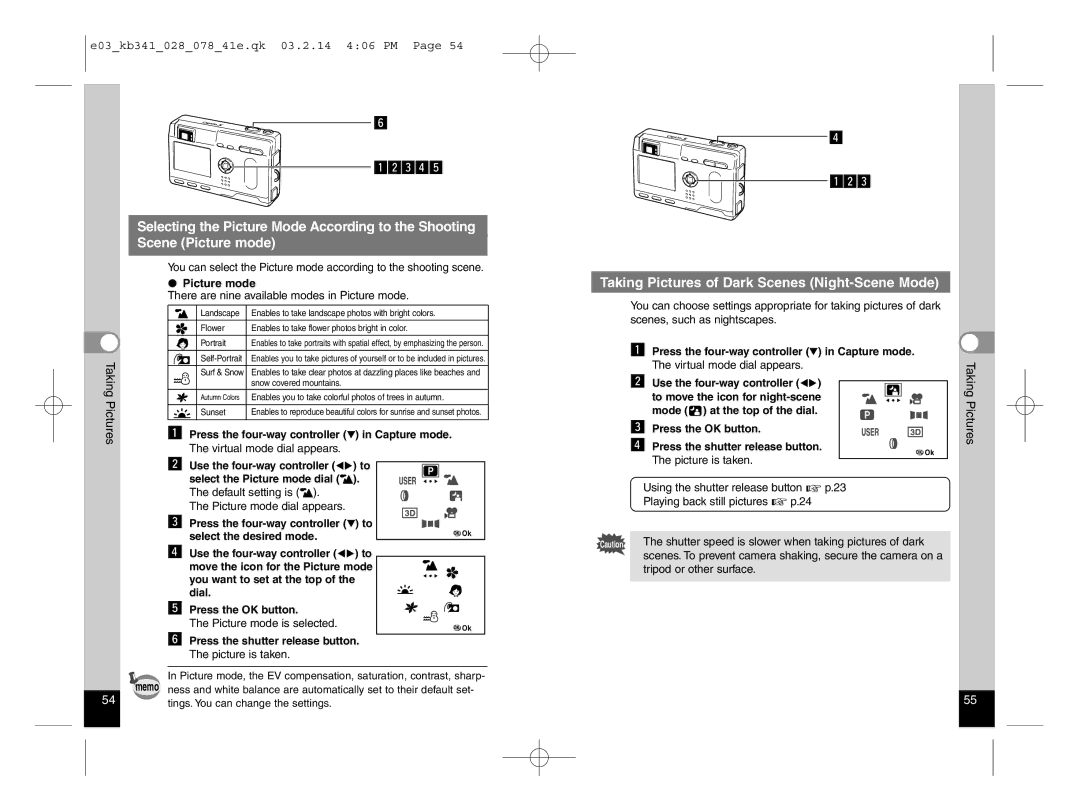 Pentax Optio S manual Zxcvb, Taking Pictures of Dark Scenes Night-Scene Mode, Picture mode, Tripod or other surface 