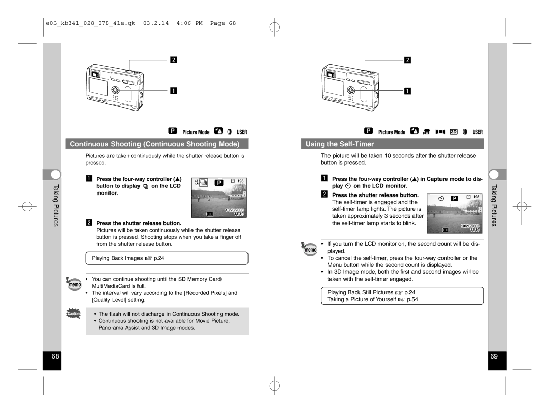 Pentax Optio S manual Continuous Shooting Continuous Shooting Mode, Using the Self-Timer 