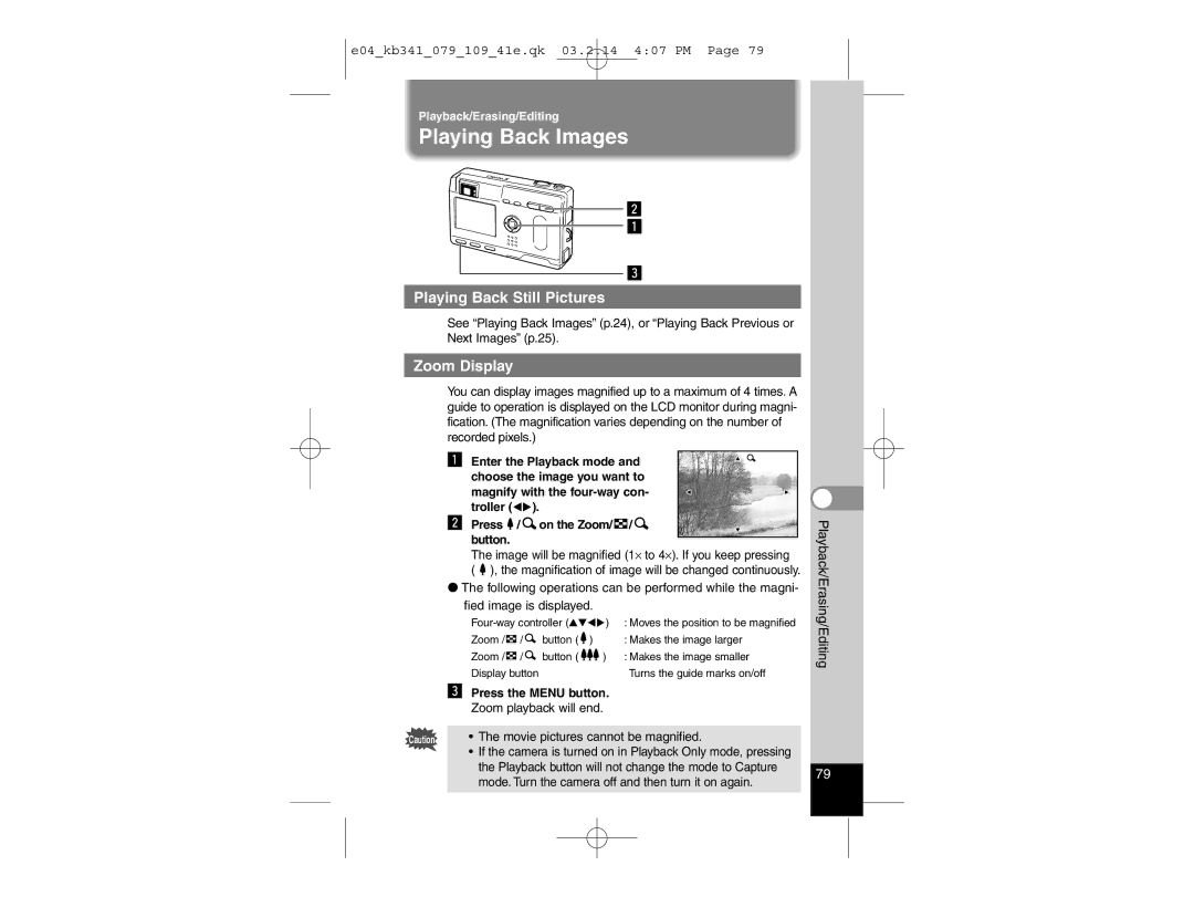 Pentax Optio S manual Playing Back Images, Playing Back Still Pictures, Zoom Display 