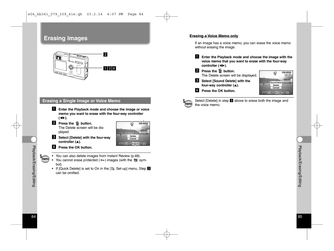 Pentax Optio S manual Erasing Images, Zcv, Erasing a Single Image or Voice Memo, Erasing a Voice Memo only 