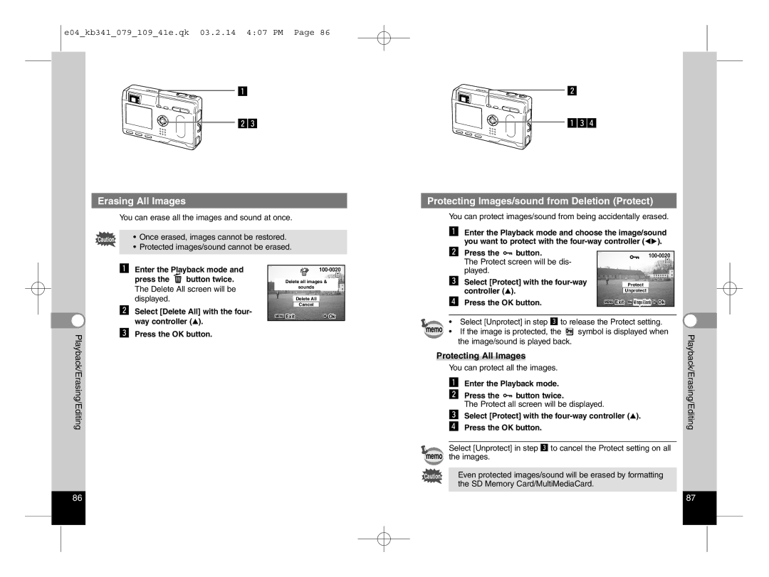 Pentax Optio S manual Erasing All Images, Protecting Images/sound from Deletion Protect, Protecting All Images 