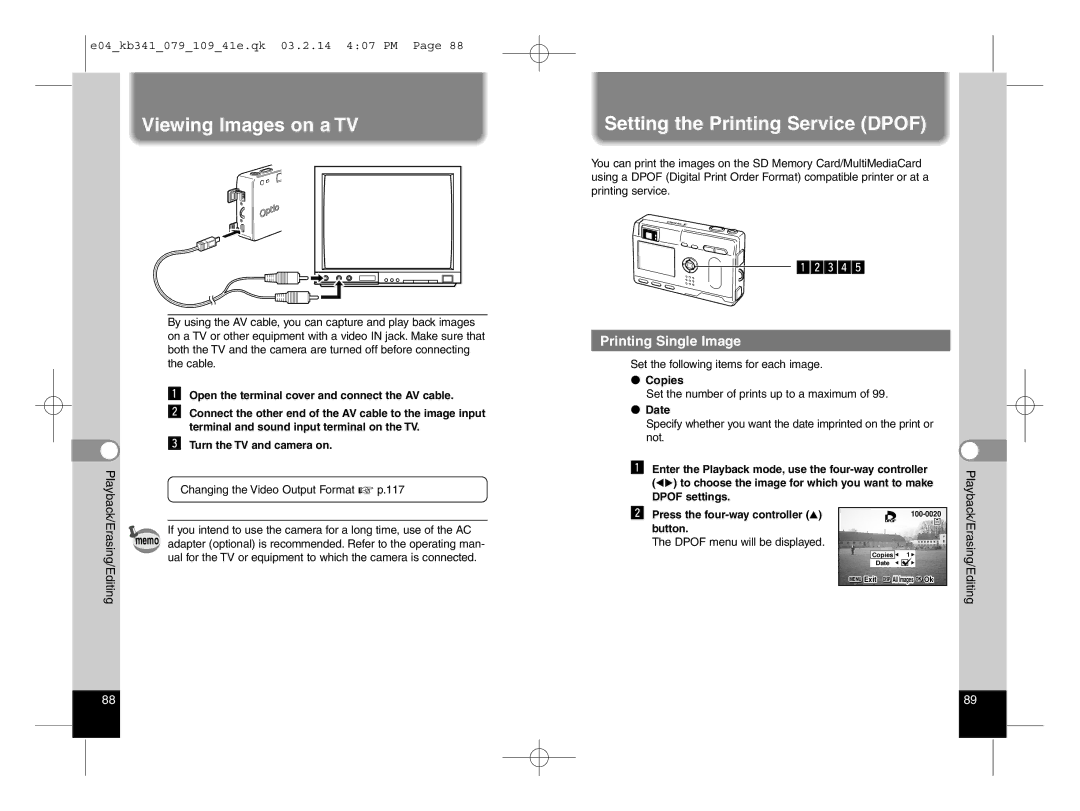 Pentax Optio S manual Viewing Images on a TV, Setting the Printing Service Dpof, Printing Single Image, Copies, Date 