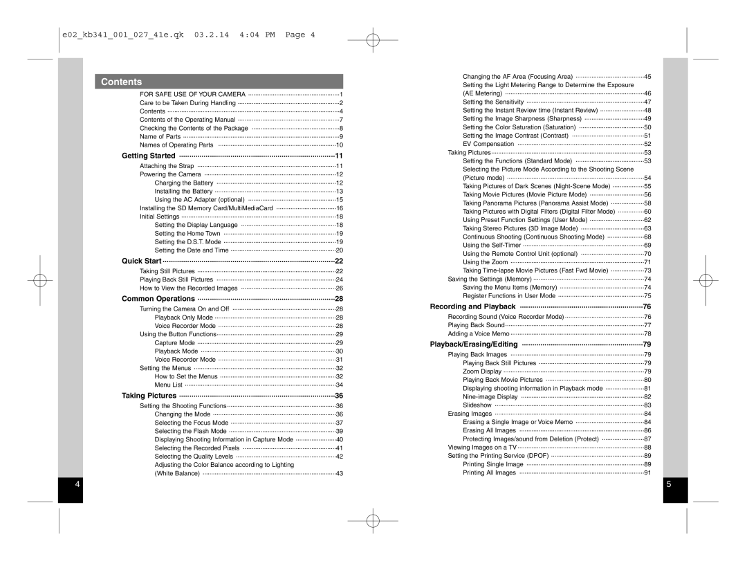 Pentax Optio S manual Contents 