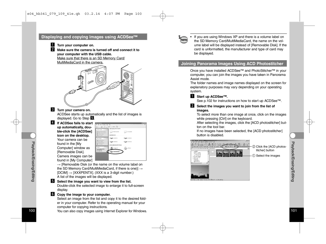 Pentax Optio S manual Displaying and copying images using ACDSee, Joining Panorama Images Using ACD Photostitcher 