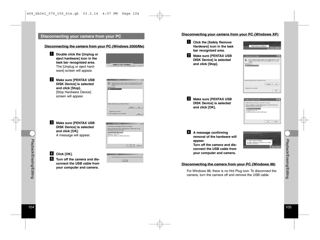 Pentax Optio S manual Disconnecting your camera from your PC Windows XP, Disconnecting the camera from your PC Windows 