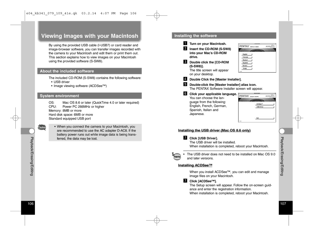 Pentax Optio S manual Viewing Images with your Macintosh, Installing the USB driver Mac OS 8.6 only, Installing ACDSee 