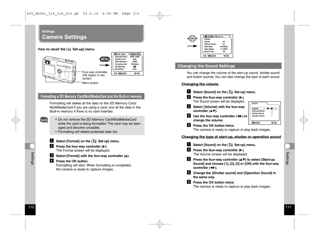 Pentax Optio S manual Camera Settings, Changing the Sound Settings, Changing the volume, How to recall the Set-up menu 