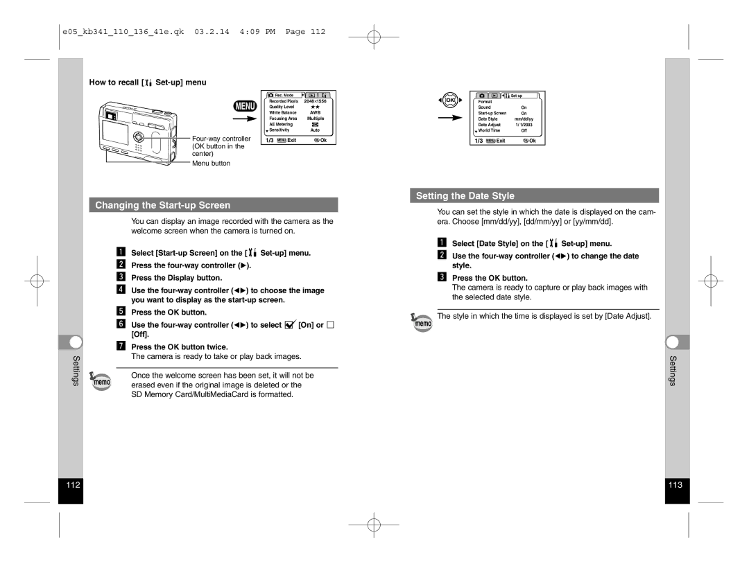 Pentax Optio S manual Setting the Date Style Changing the Start-up Screen, How to recall Set-up menu 