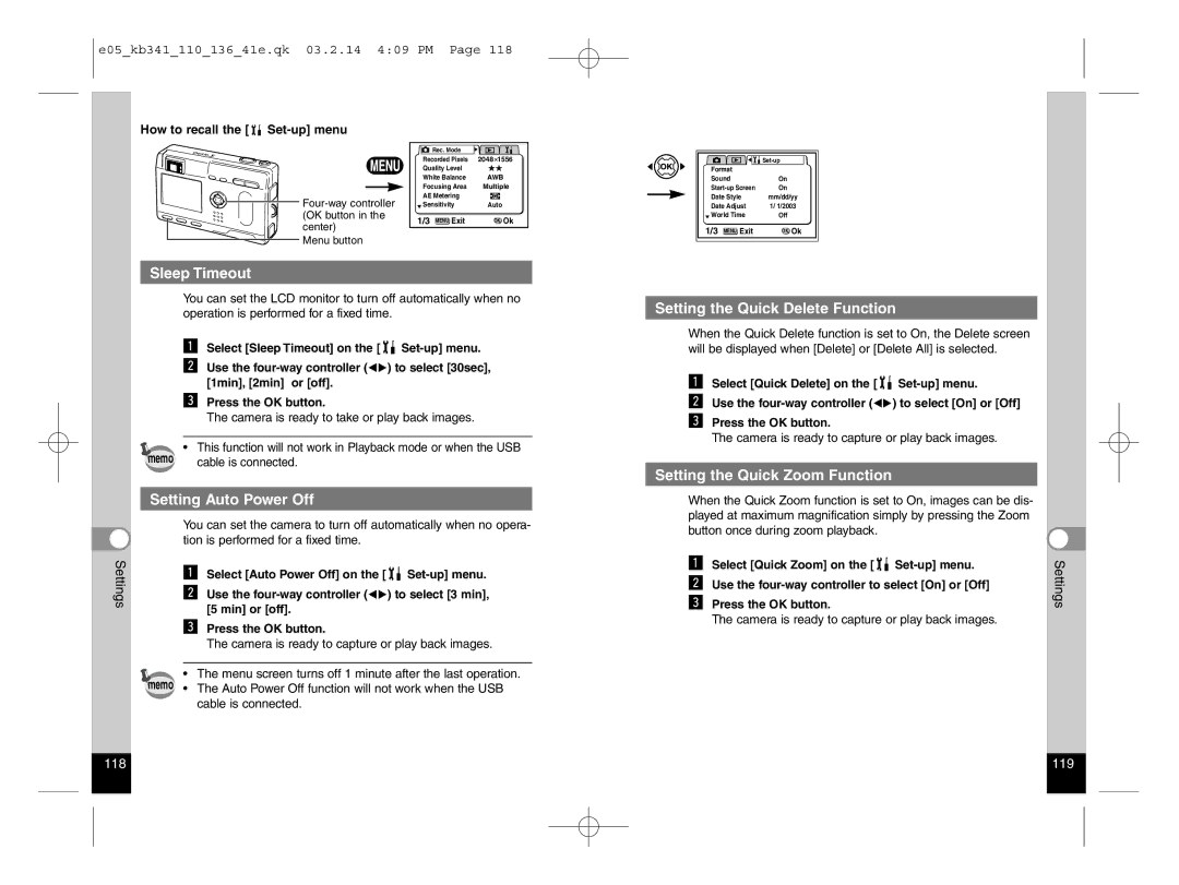 Pentax Optio S Sleep Timeout, Setting Auto Power Off, Setting the Quick Delete Function, Setting the Quick Zoom Function 