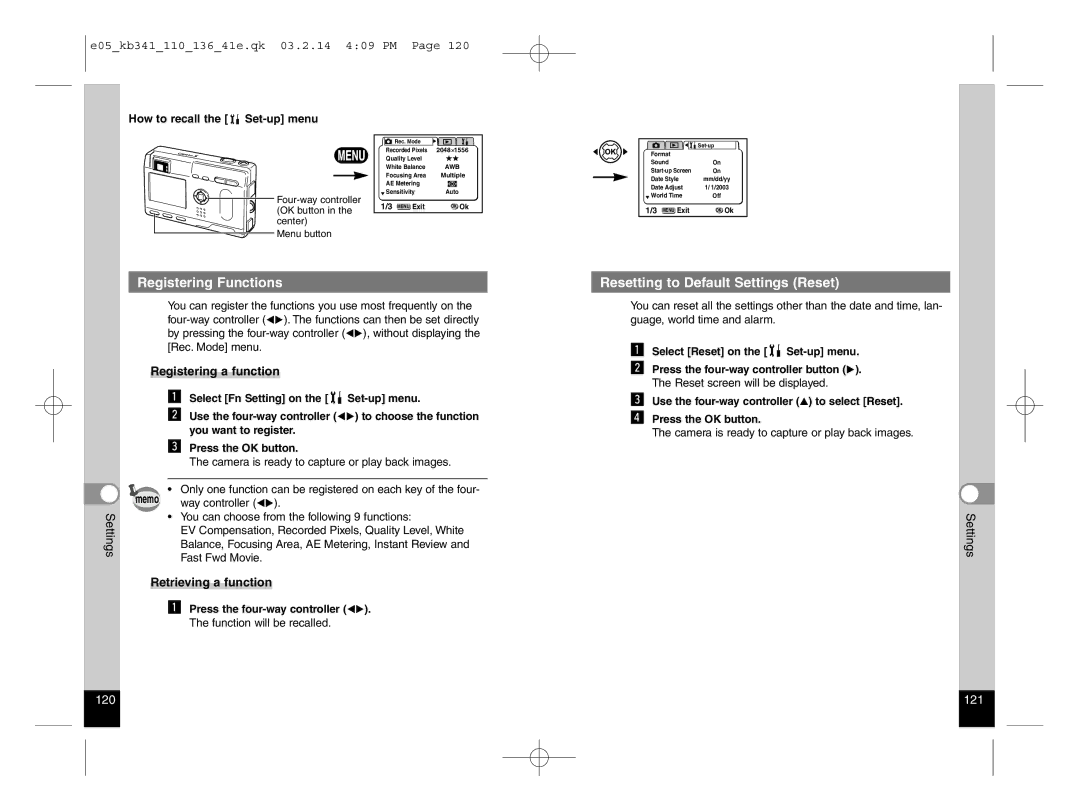 Pentax Optio S Registering Functions, Resetting to Default Settings Reset, Registering a function, Retrieving a function 