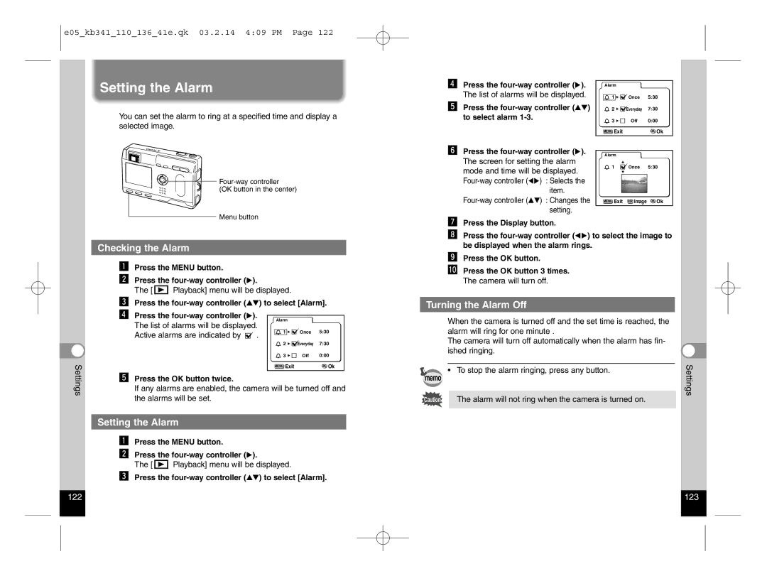 Pentax Optio S manual Setting the Alarm, Checking the Alarm, Turning the Alarm Off 