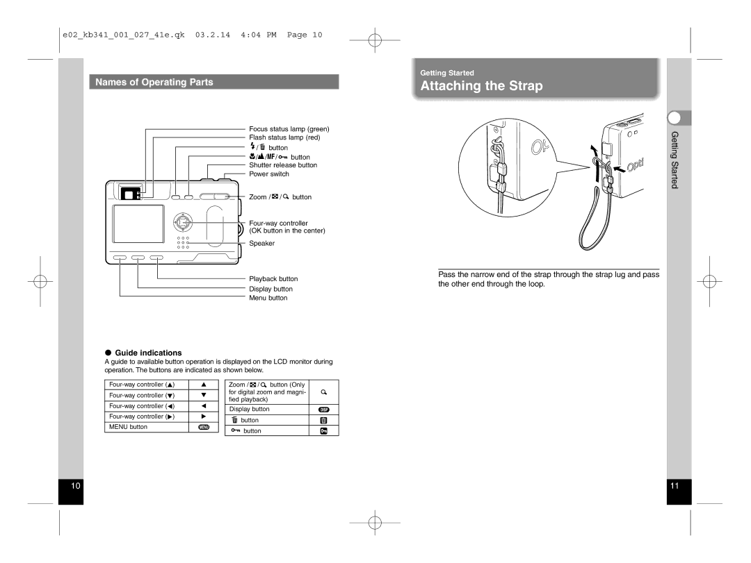 Pentax Optio S manual Attaching the Strap, Names of Operating Parts, Guide indications 