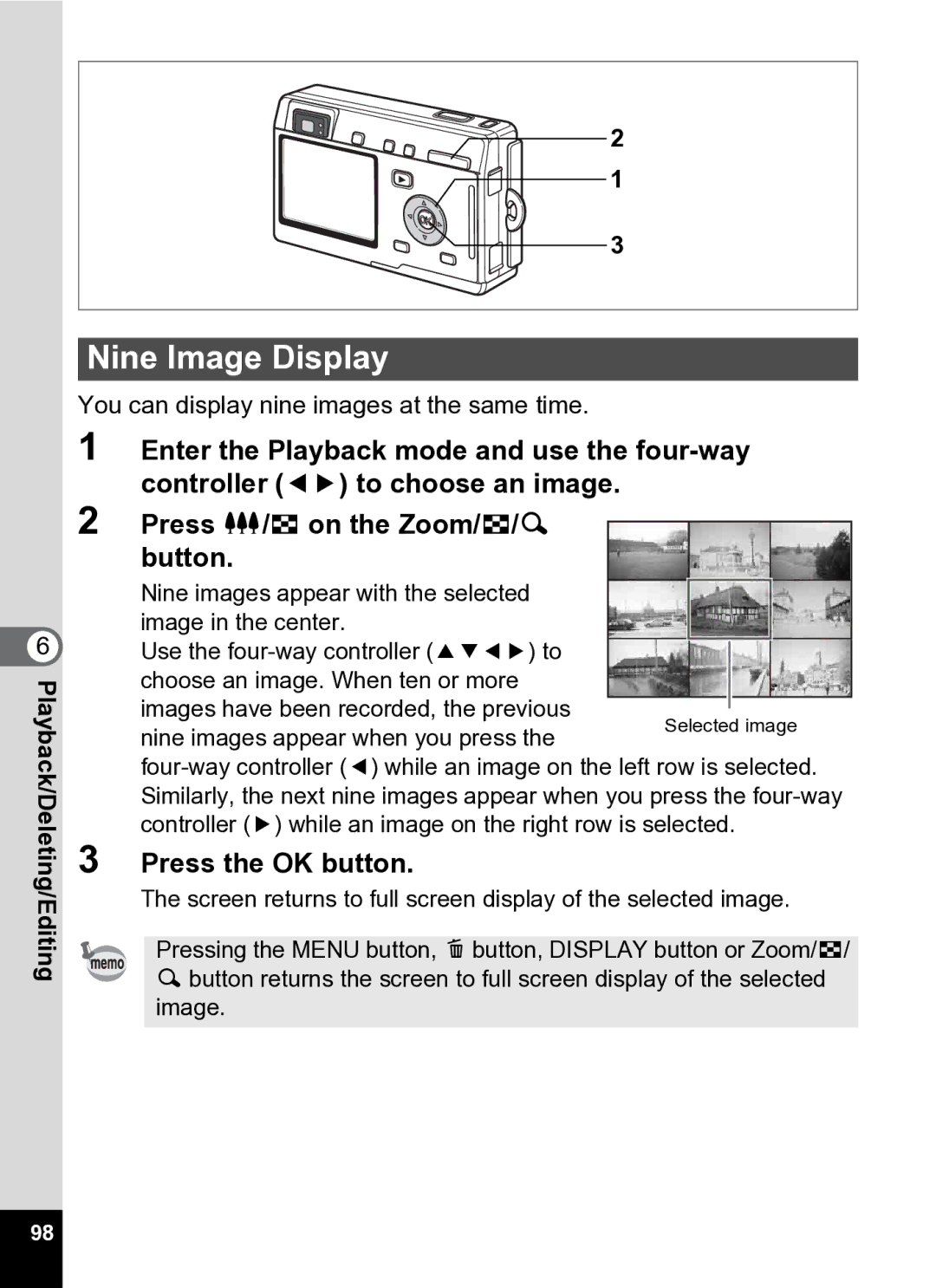 Pentax Optio S5i manual Nine Image Display, Press the OK button 