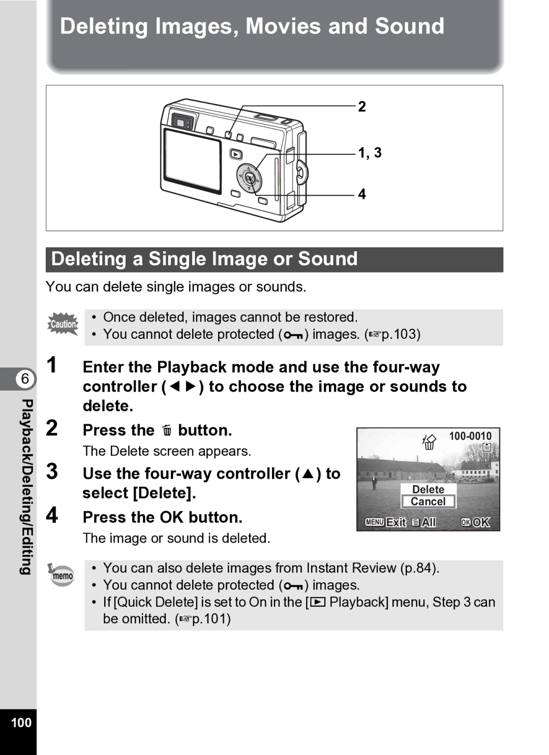 Pentax Optio S5i manual Deleting Images, Movies and Sound, Deleting a Single Image or Sound, 100 