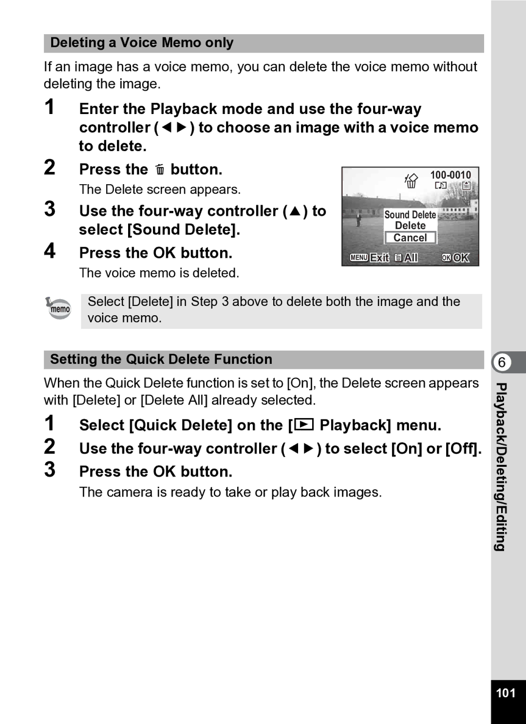 Pentax Optio S5i manual Deleting a Voice Memo only, Setting the Quick Delete Function, 101 