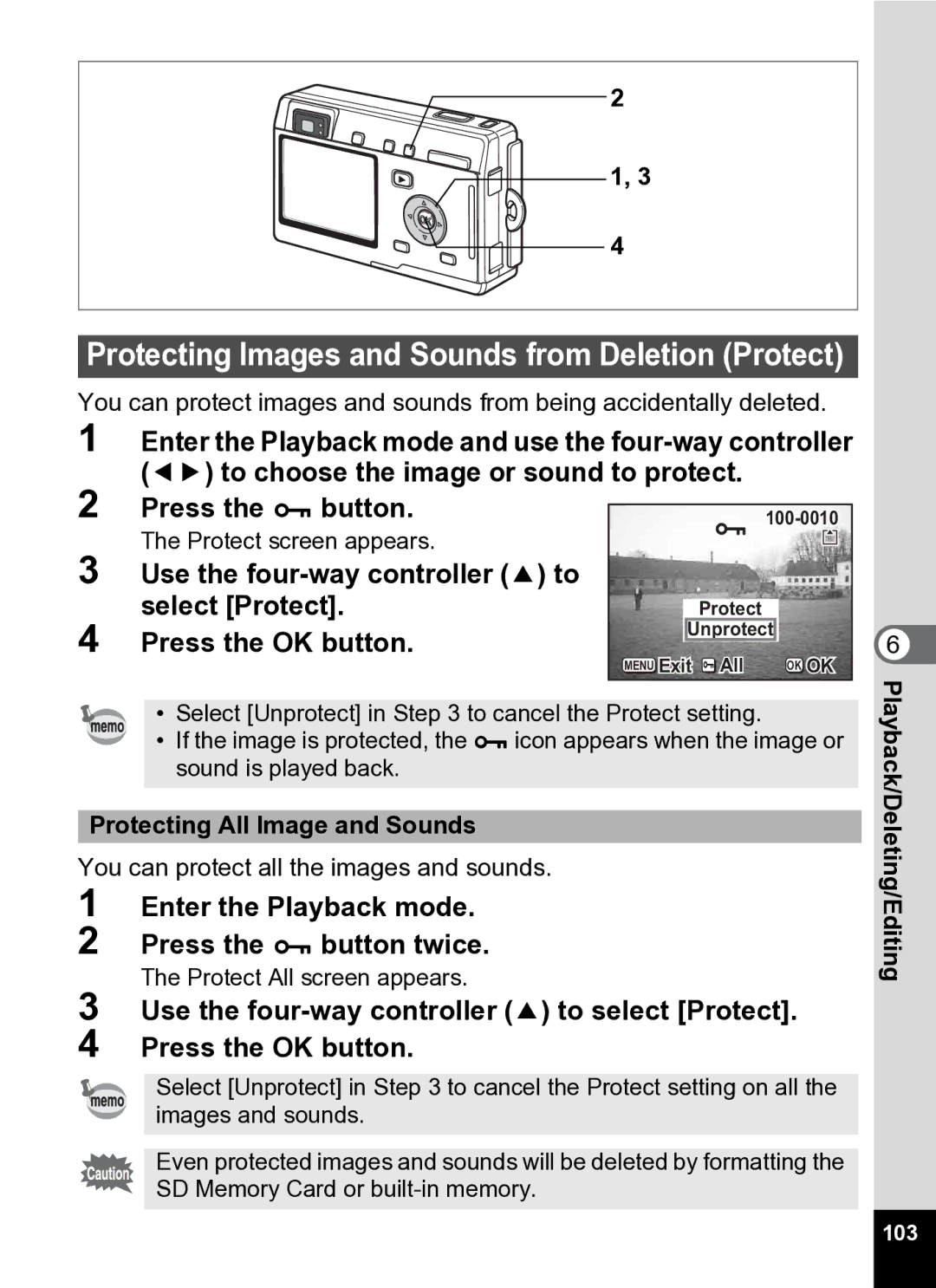 Pentax Optio S5i manual Protecting Images and Sounds from Deletion Protect, Enter the Playback mode, 103 