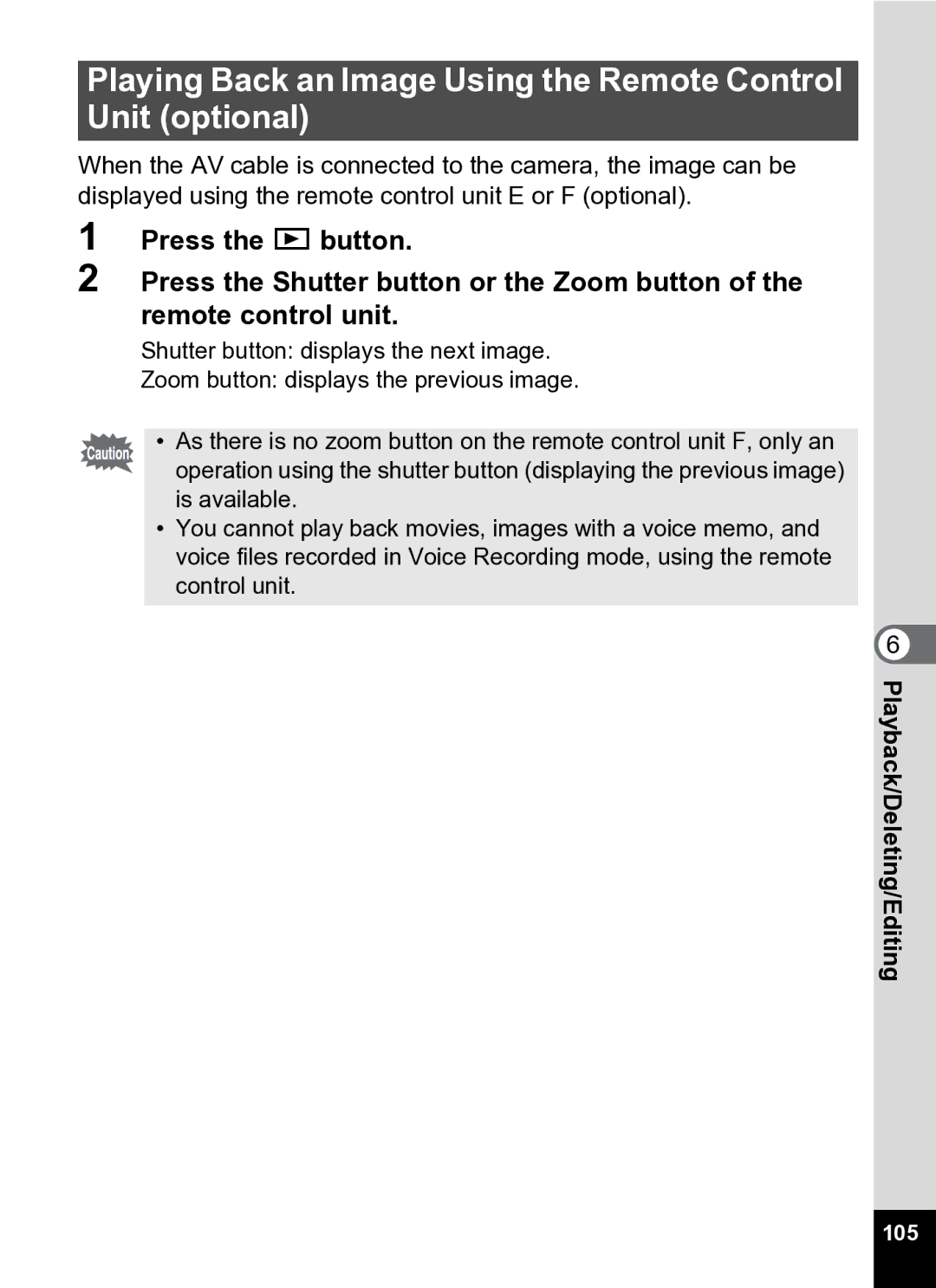 Pentax Optio S5i manual Playing Back an Image Using the Remote Control Unit optional, 105 