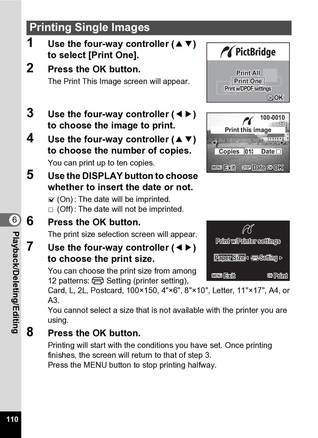 Pentax Optio S5i manual Press the OK button Use the four-way controller, To choose the print size, 110 