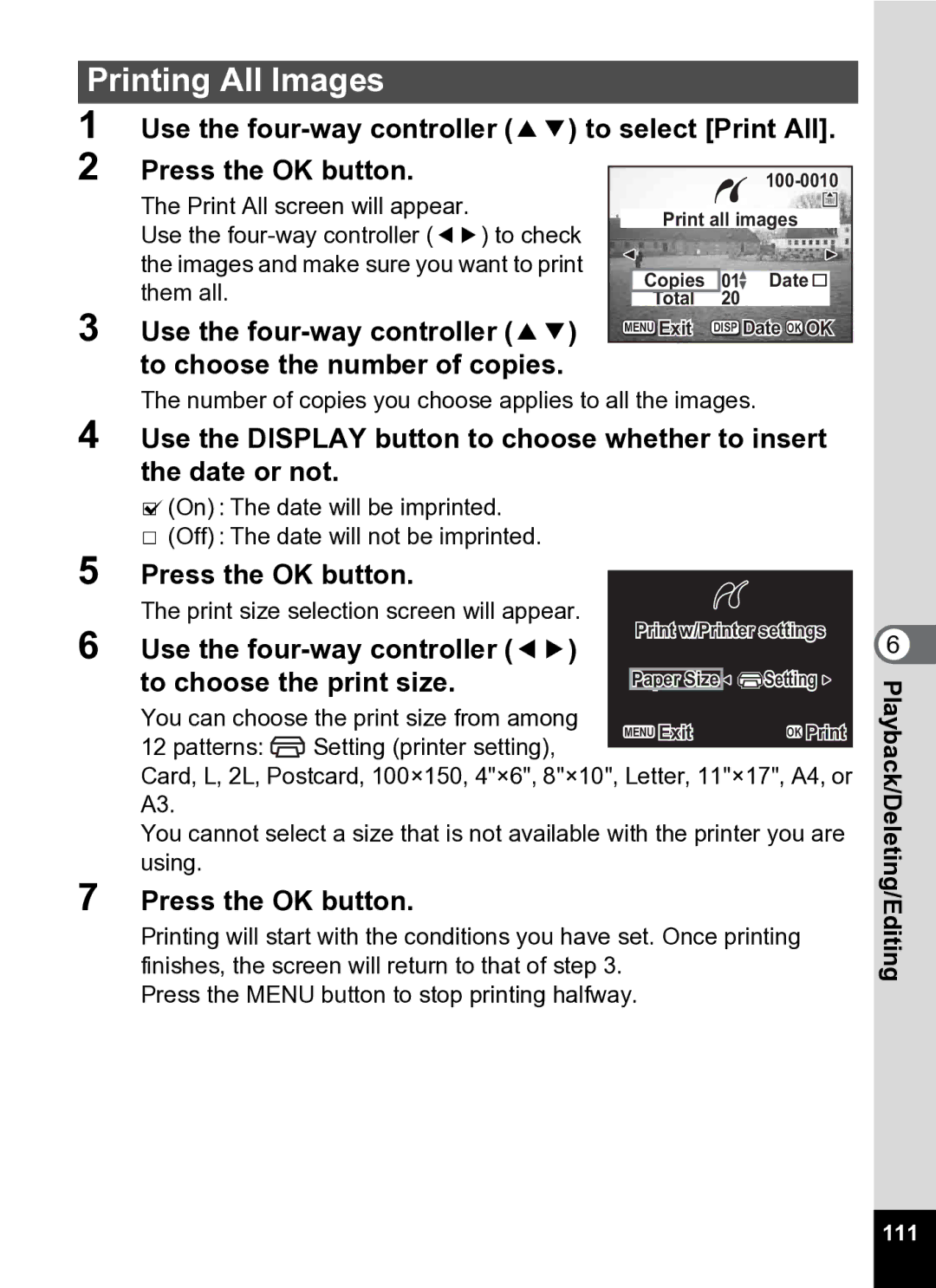 Pentax Optio S5i manual Printing All Images, 111 