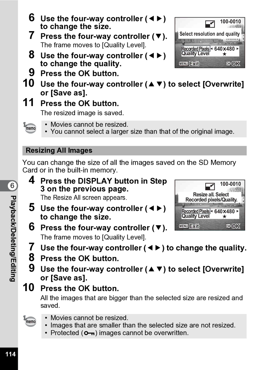 Pentax Optio S5i manual Press the Display button in Step On the previous, Resizing All Images, 114 