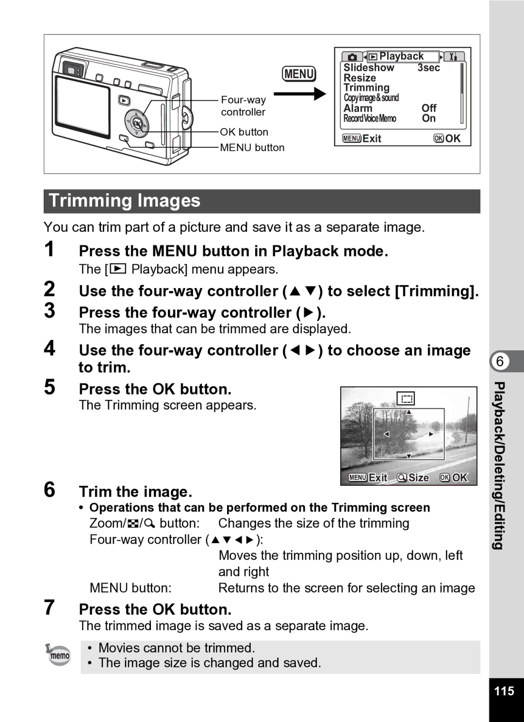 Pentax Optio S5i manual Trimming Images, Trim the image, 115 