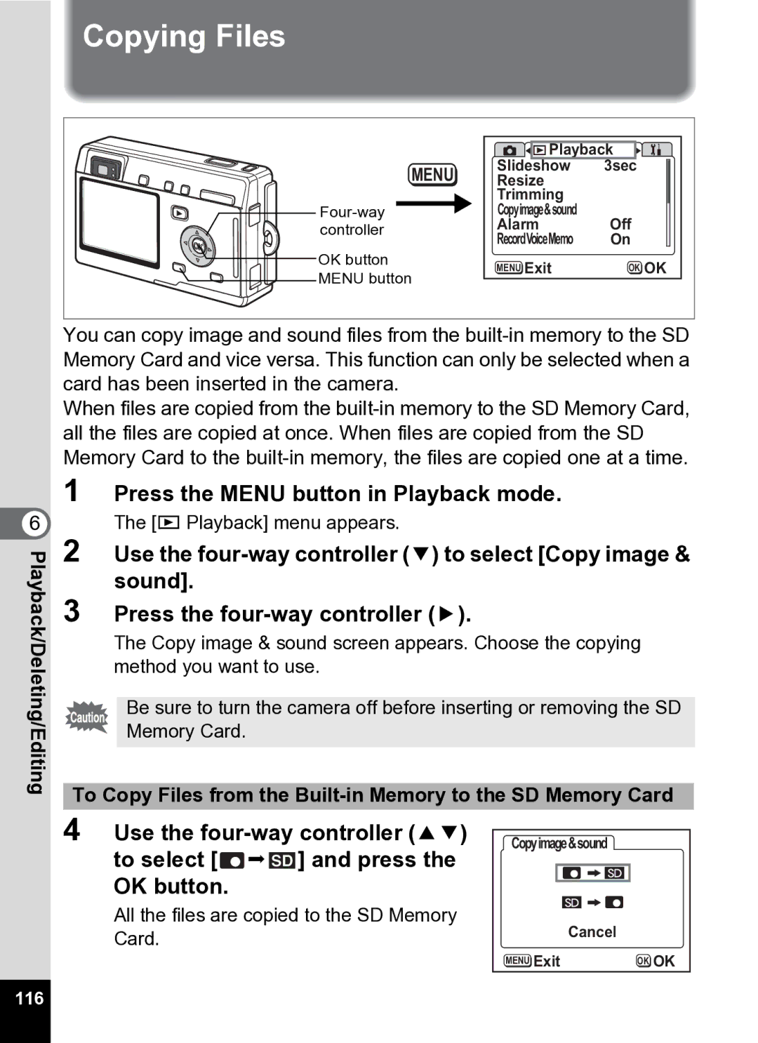 Pentax Optio S5i manual Copying Files, OK button, 116 