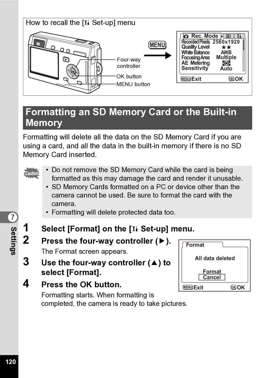 Pentax Optio S5i Formatting an SD Memory Card or the Built-in Memory, Use the four-way controller 2 to, Select Format, 120 