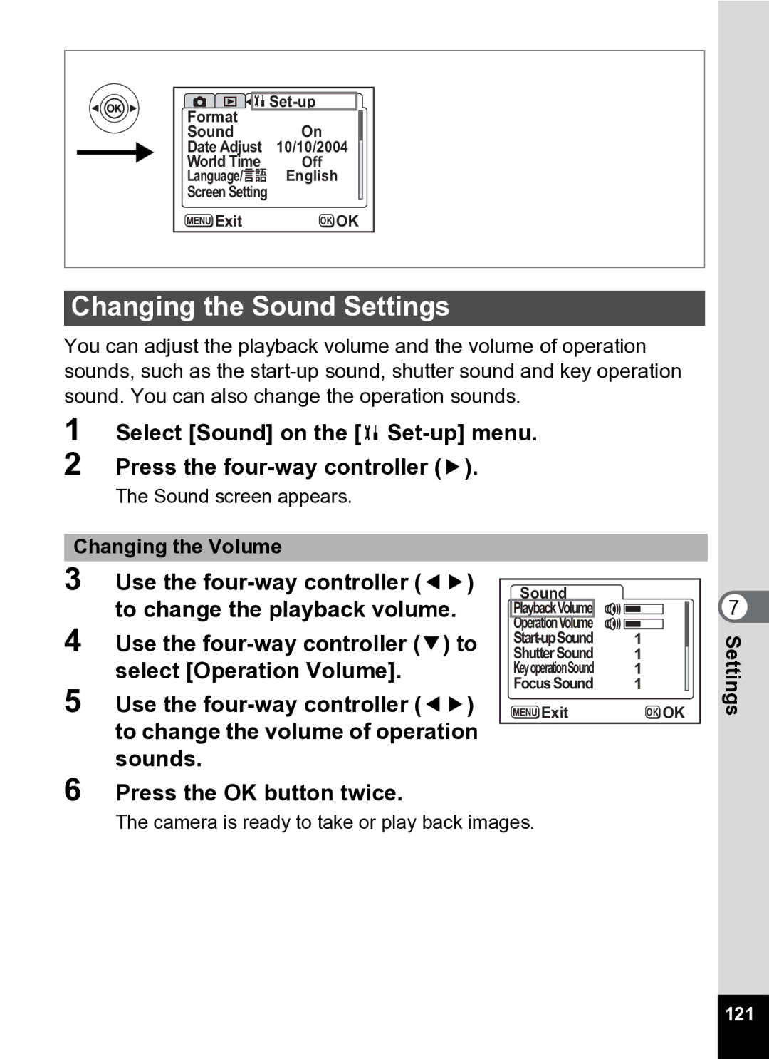 Pentax Optio S5i manual Changing the Sound Settings, Changing the Volume, 121 