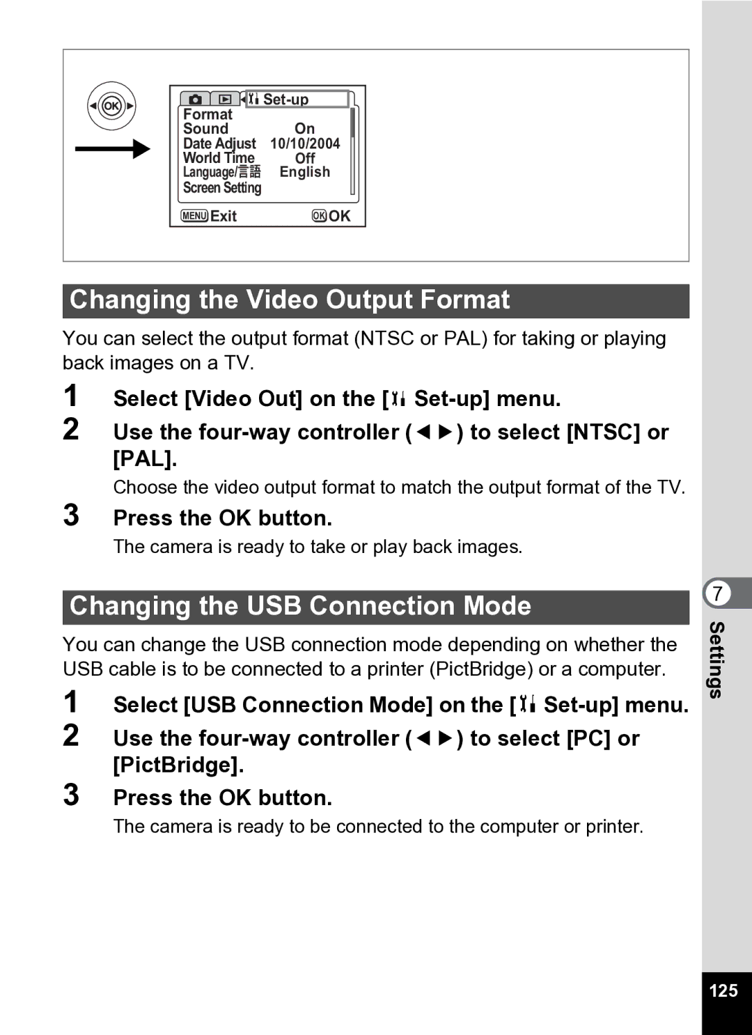 Pentax Optio S5i manual Changing the Video Output Format, Changing the USB Connection Mode, 125 