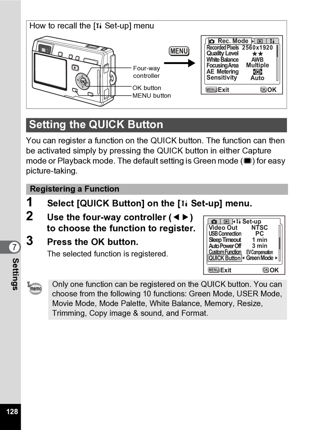 Pentax Optio S5i manual Setting the Quick Button, Select Quick Button on the B Set-up menu, 128 