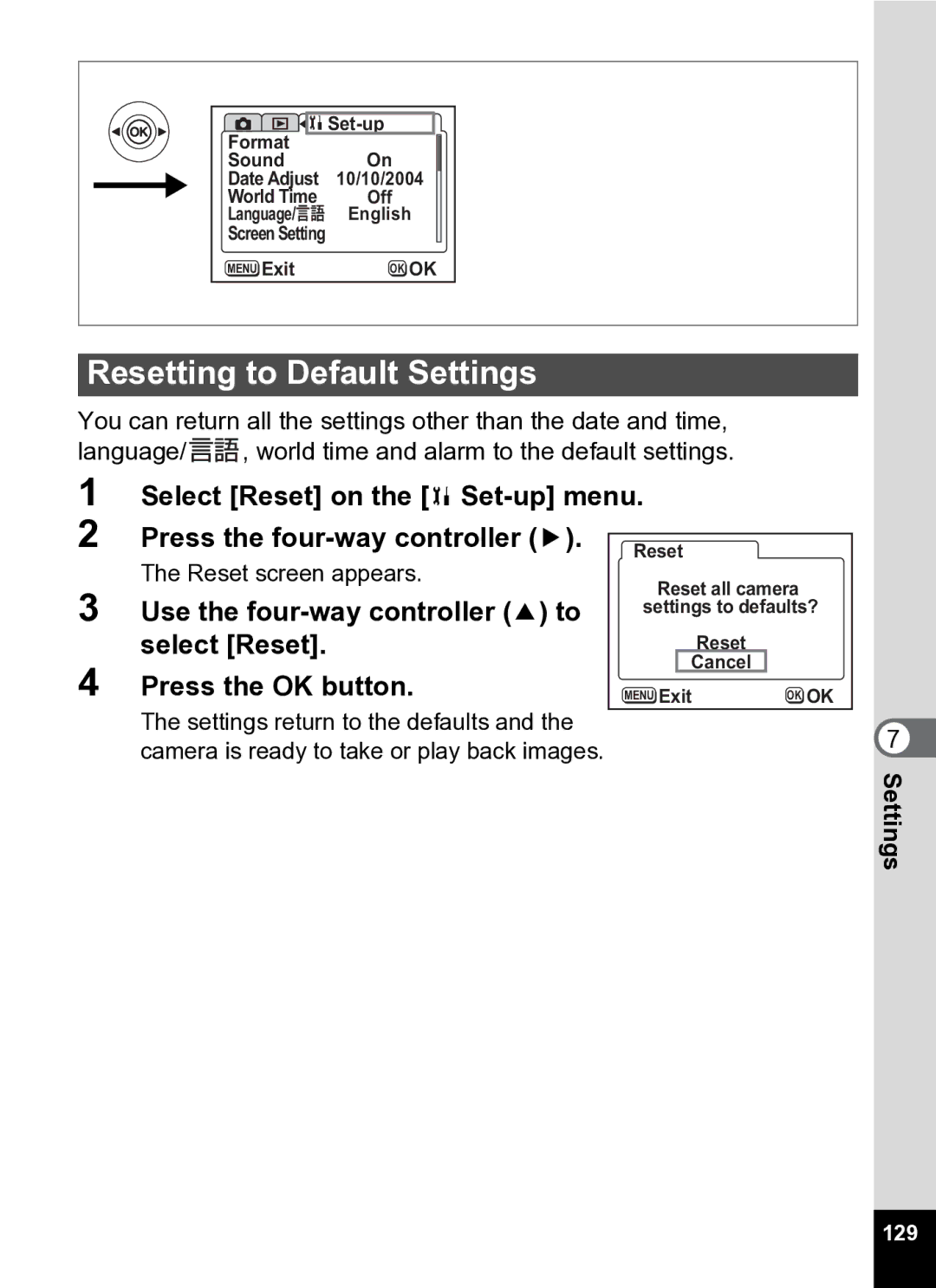 Pentax Optio S5i manual Resetting to Default Settings, Select Reset, 129 