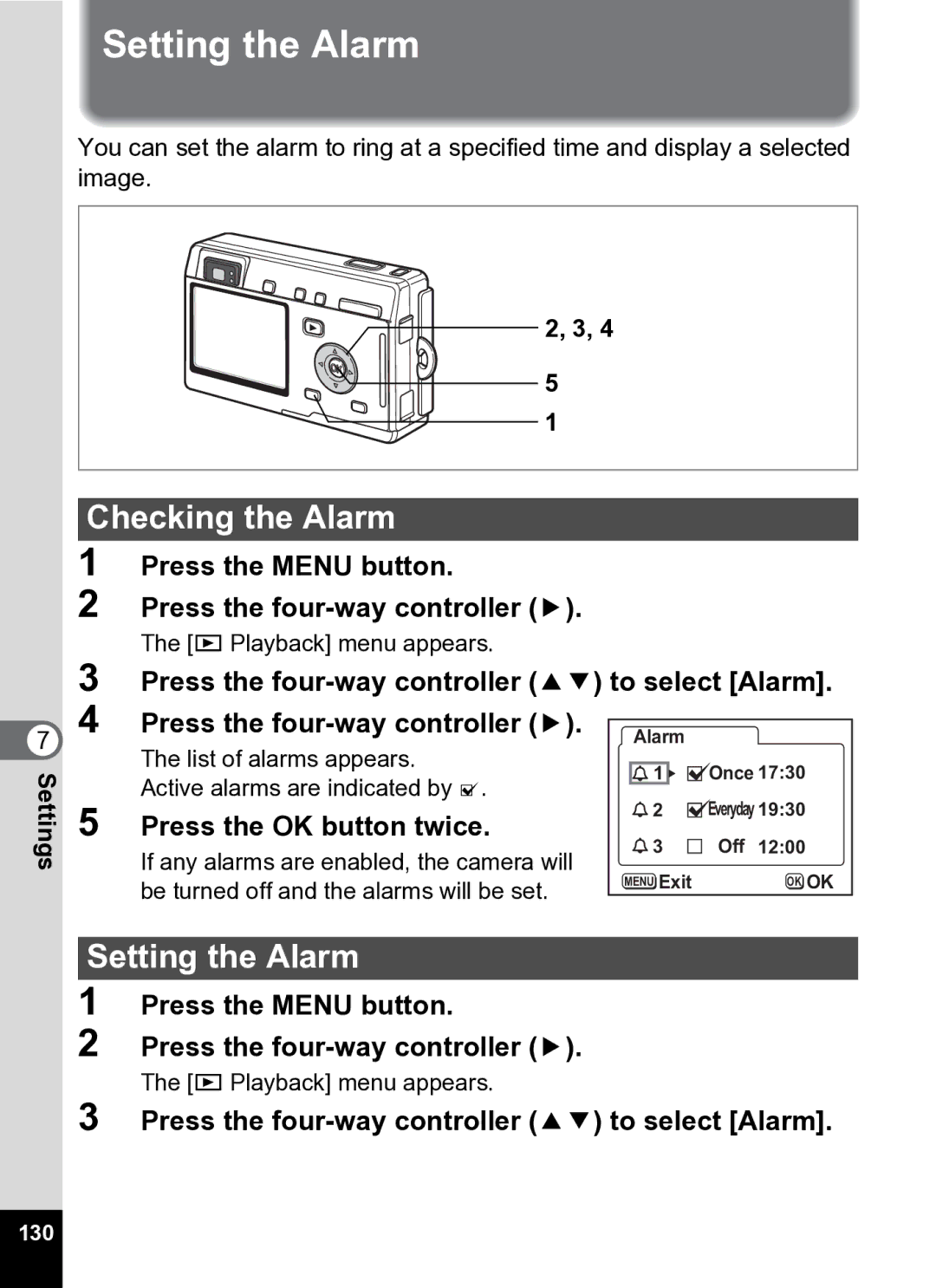 Pentax Optio S5i manual Setting the Alarm, Checking the Alarm, Press the Menu button Press the four-way controller 