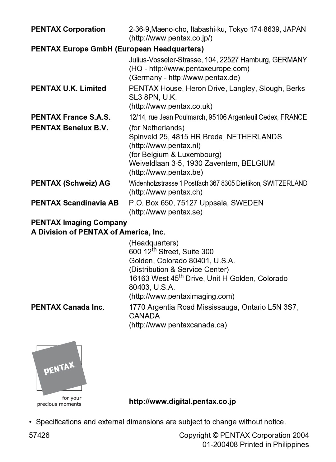 Pentax Optio S5i manual Pentax Benelux B.V. for Netherlands 